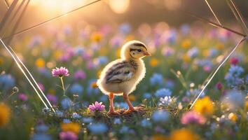 Small Chick Standing in a Meadow of Colorful Flowers at Sunset photo