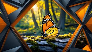 Resting Butterfly on Log with Moss and Geometric Frame in Forest photo