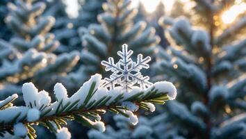 Snowflake on Evergreen Branch with Sunlight Perfect Winter Holiday Scene photo