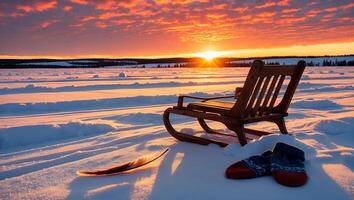Sled in Snow at Sunset with Mittens and Feather Relaxing photo