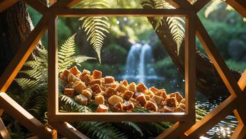 Candy Cubes Displayed with Waterfall View Through Wooden Frame photo