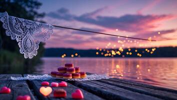 Sweet Treats and Glowing Hearts by Lake at Romantic Sunset photo