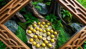 Lemons Display on Burlap with Forest Background and Wood Frame photo
