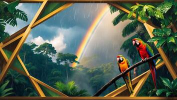 Two Parrots Perched on Branch Watching Rainbow in Tropical Rainforest photo