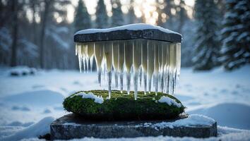Icing Over Stone Formation in Snowy Winter Forest Landscape photo