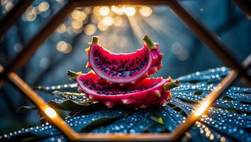 Slices of Exotic Dragon Fruit Resting on Wet Tropical Leaf photo