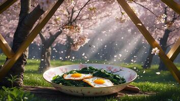 Sunny Side Up Eggs and Spinach in a Spring Cherry Blossom Garden photo