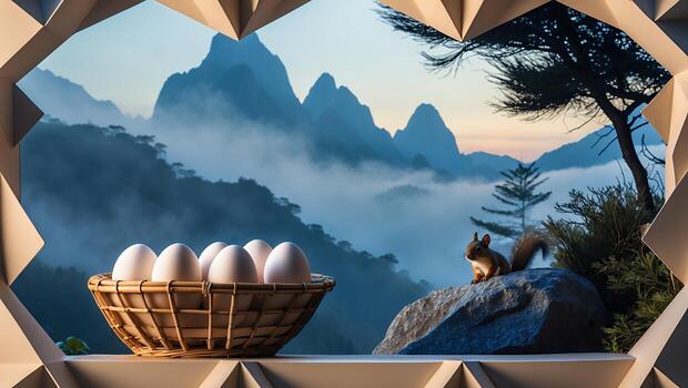 huevos en cesta con ardilla con vista a brumoso montaña vista foto