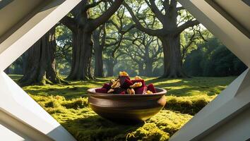 Beet Salad with Walnuts in Bowl Framed by Forest View photo