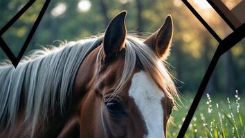 Horse Grazing in Meadow at Sunrise with Dew on the Grass photo