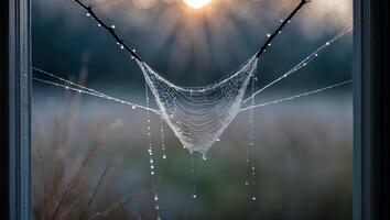 Spiderweb with Water Droplets Sparkling in Sunlight on Branch Outdoors photo