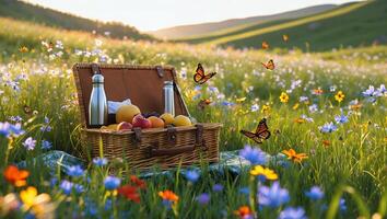 Picnic Basket with Fruit and Drinks in a Flower Meadow photo