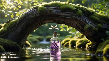 Lavender Infusion in Glass Bottle with Dragonfly Above Tranquil Water photo