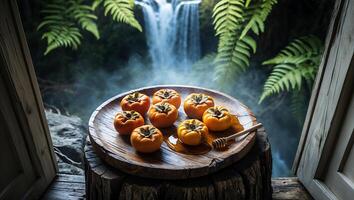 Arrangement of Persimmons and Honey on Wooden Tray with Waterfall Backdrop photo