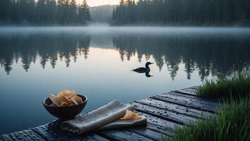Relaxing Lakeside Scene with Duck Swimming and Refreshments on Dock photo