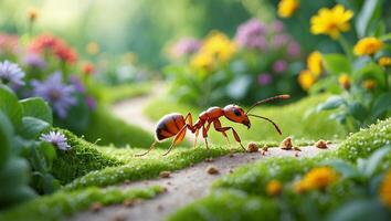Ant Foraging on Grassy Path Amidst Colorful Flowers in Nature photo