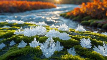 Crystals on Moss by Stream Sparkling in Sunlight Nature Scene photo