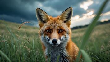 Fox Staring in Grassy Field with Cloudy Sky Wildlife Portrait photo