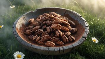 Pecans in a Wooden Bowl Surrounded by Grass and Daisies photo