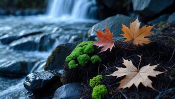 Waterfall Scene with Moss and Fallen Maple Leaves in Autumn photo