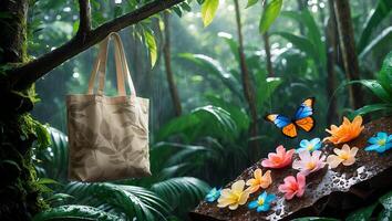 Eco-friendly Tote Bag in Tropical Rainforest with Butterfly and Flowers photo