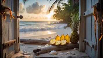 Tropical Beach View Through Open Door with Pineapple and Seashells photo