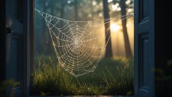 Spiderweb in Forest Opening with Door and Golden Light photo