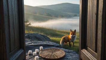 Fox Standing in Grassy Field Seen Through an Open Door photo