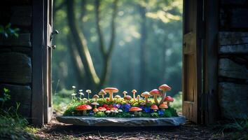 Mushrooms and Flowers Displayed at Forest Entrance Creating a Whimsical Scene photo