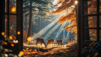 Deer Grazing in Forest Viewed Through Window with Sun Rays photo