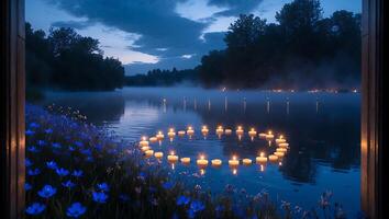 Floating Candles on Lake at Dusk with Blue Flowers and Mist photo
