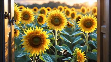Viewing Sunflower Field Through Open Door with Bee Flying by photo