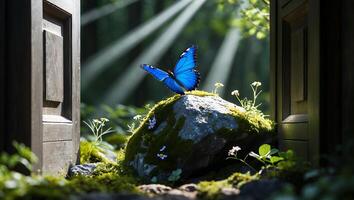 Blue Butterfly Resting on Mossy Rock with Sunlight and Open Door photo