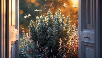 Open Door to Garden with Dragonflies and Warm Glowing Light photo