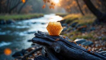 Honeycomb Vase on Log Near Stream During Autumn Sunset Scene photo