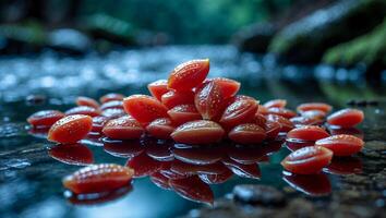 Arrangement of Shiny Red Seeds Reflected in a Clear Forest Stream photo