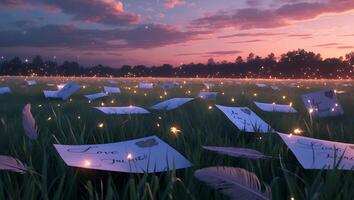 Letters Scattered on Grassy Field at Dusk with a Dreamy Feel photo