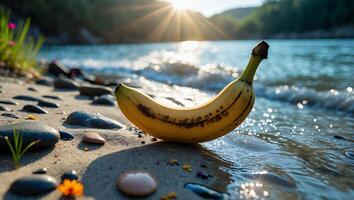 Banana Resting on Sandy Beach Shoreline During Sunset with Gentle Waves photo