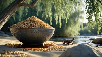 Bowl of Dried Beans on Beach Next to a River Setting photo
