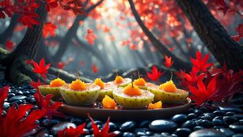 Serving Fruit Dessert in Autumn Forest Setting on Black Rocks photo