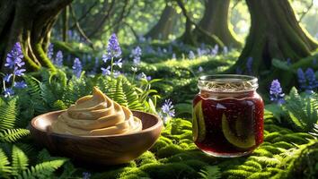Peanut Butter and Jelly Displayed in a Tranquil Forest Setting photo