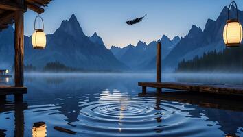Calm Lake with Mountains and Lanterns Reflecting at Dusk photo