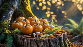 Persimmons and Mushrooms on Forest Stump with Sunlight Streaming Through Trees photo