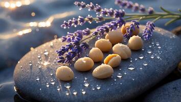 Macadamia Nuts and Lavender Sprig on Wet Stone with Water Droplets photo