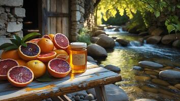 Blood Oranges and Honey Jar on Rustic Table by River photo