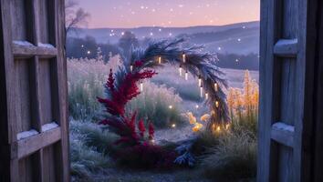Viewing Winter Wonderland Through Open Door with Decorative Wreath photo