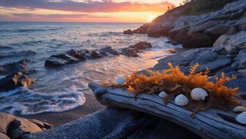 Seashells and Seaweed on Driftwood at Sunset Along Rocky Beach photo