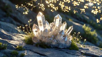 Glowing Crystal Cluster on Rocky Ground with Wildflowers in Sunlight photo