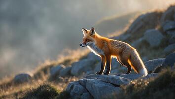Red Fox Standing Alert on Rocks with Soft Mountain Background photo
