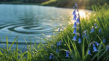 Bluebell Flowers Growing Near Water with Ripples and Sunlight photo